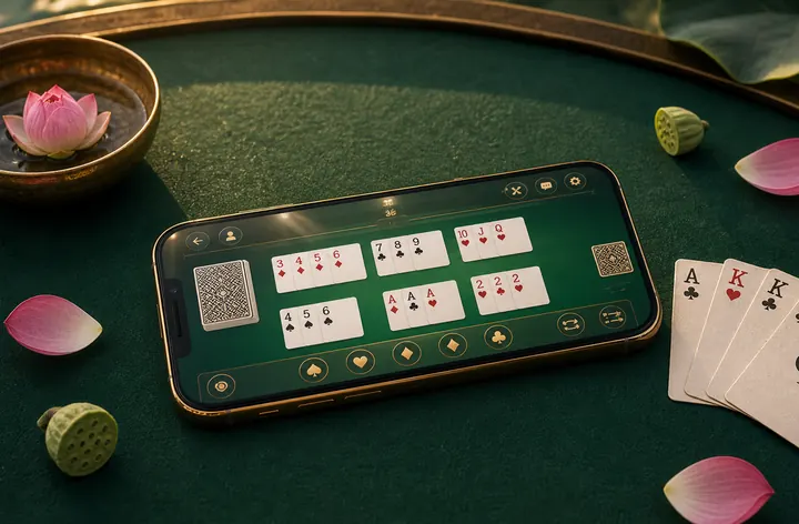 YonoGameGuide Yono Rummy mobile game guide with a phone, physical cards and a textured game table Hindi readers